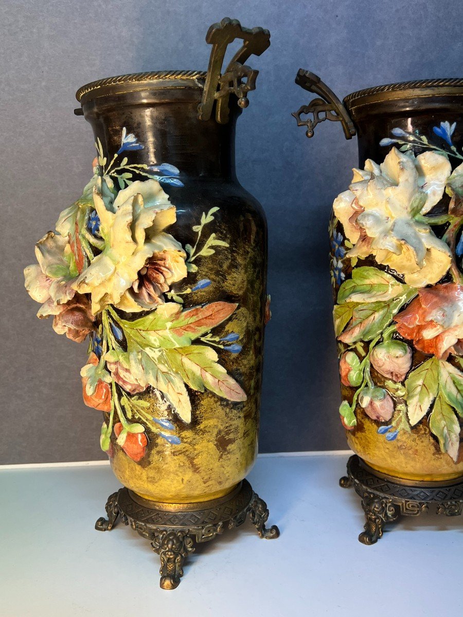 Paire De Vases Ancien En Faïence Barbotine Polycgrome,  Dlg De Edouard Gilles, XIXe-photo-2