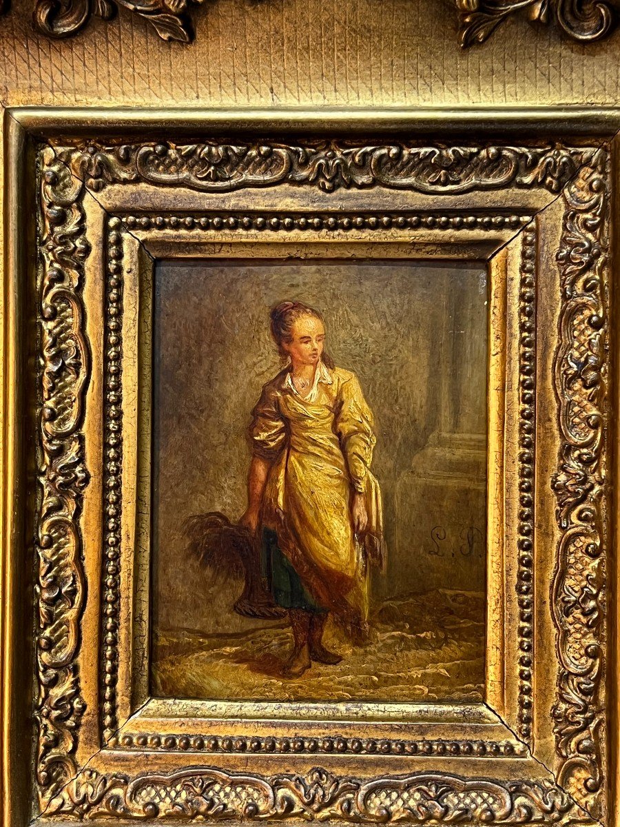 Oil On Wood Panel, Woman With Basket, Signed Lp, Jean Baptiste Le Prince?-photo-3