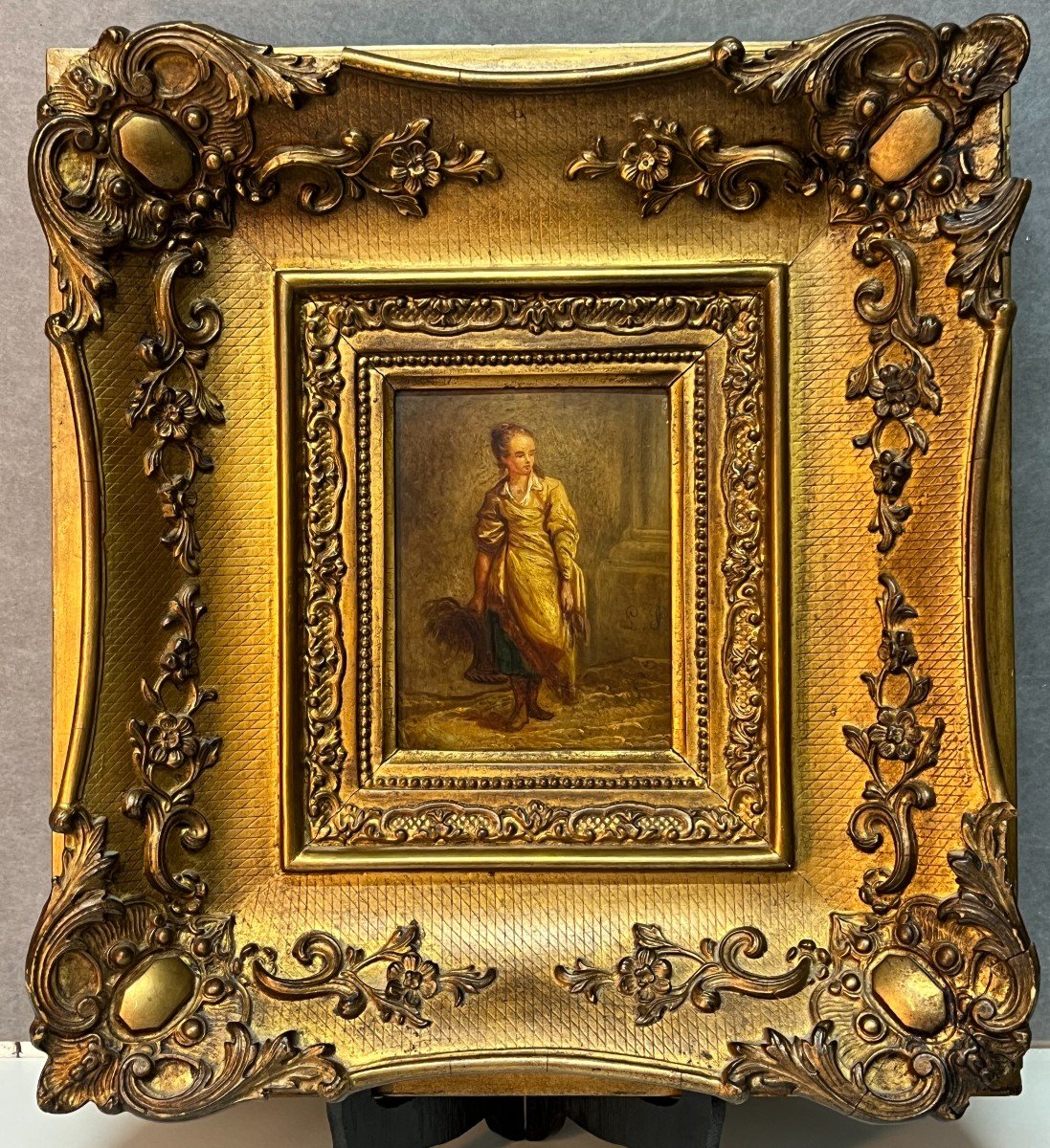 Oil On Wood Panel, Woman With Basket, Signed Lp, Jean Baptiste Le Prince?