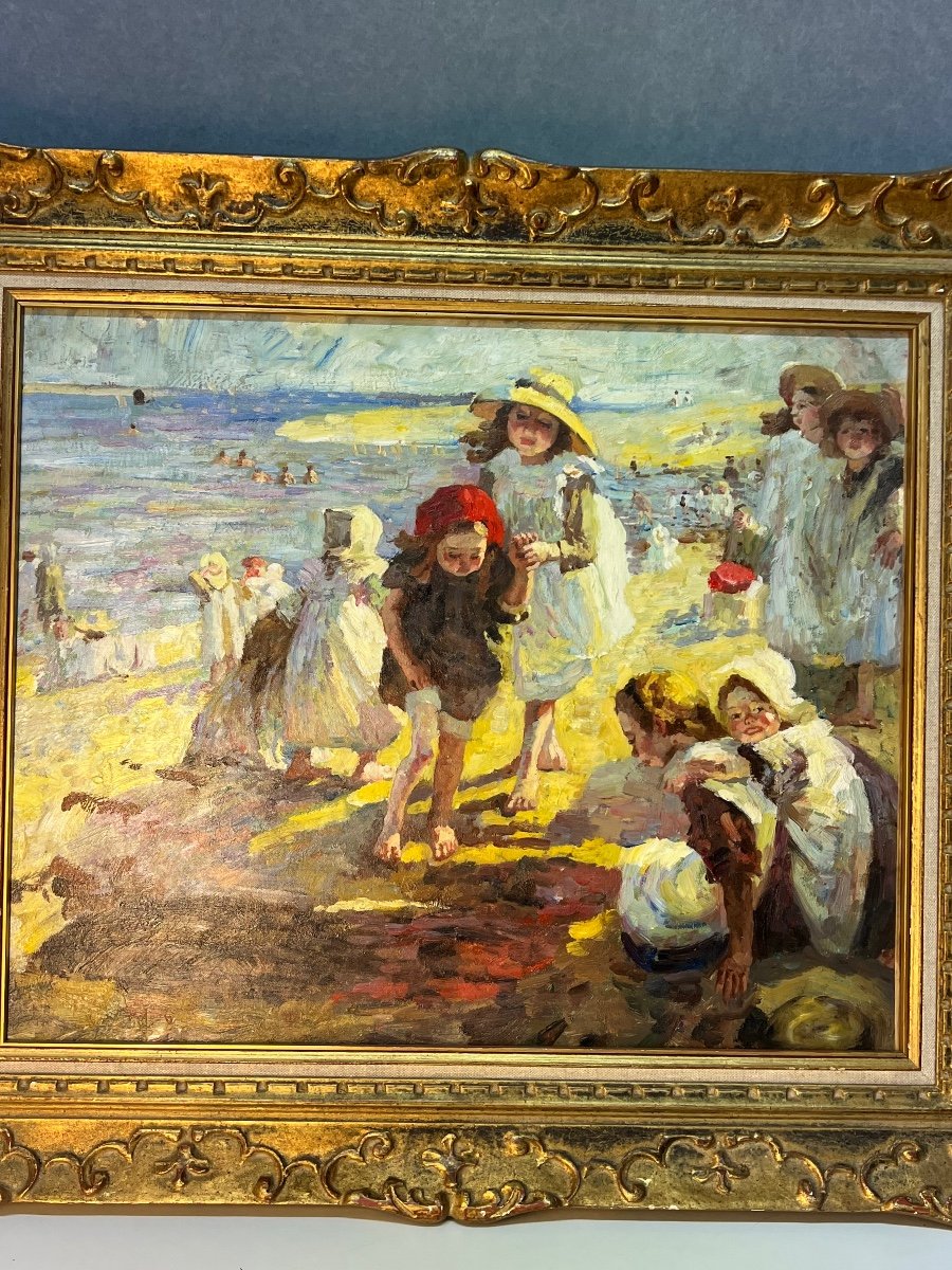 Huile Sur Toile  Dlg De Paul Michel Dupuy (1869-1949) Non Signé, Décor  Famille à La Plage-photo-2