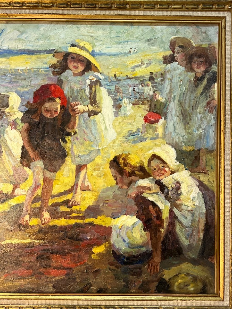 Huile Sur Toile  Dlg De Paul Michel Dupuy (1869-1949) Non Signé, Décor  Famille à La Plage-photo-3