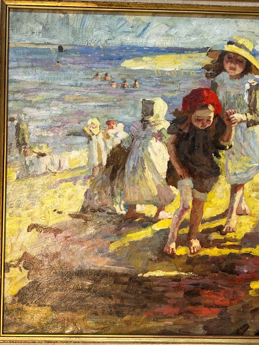 Huile Sur Toile  Dlg De Paul Michel Dupuy (1869-1949) Non Signé, Décor  Famille à La Plage-photo-4