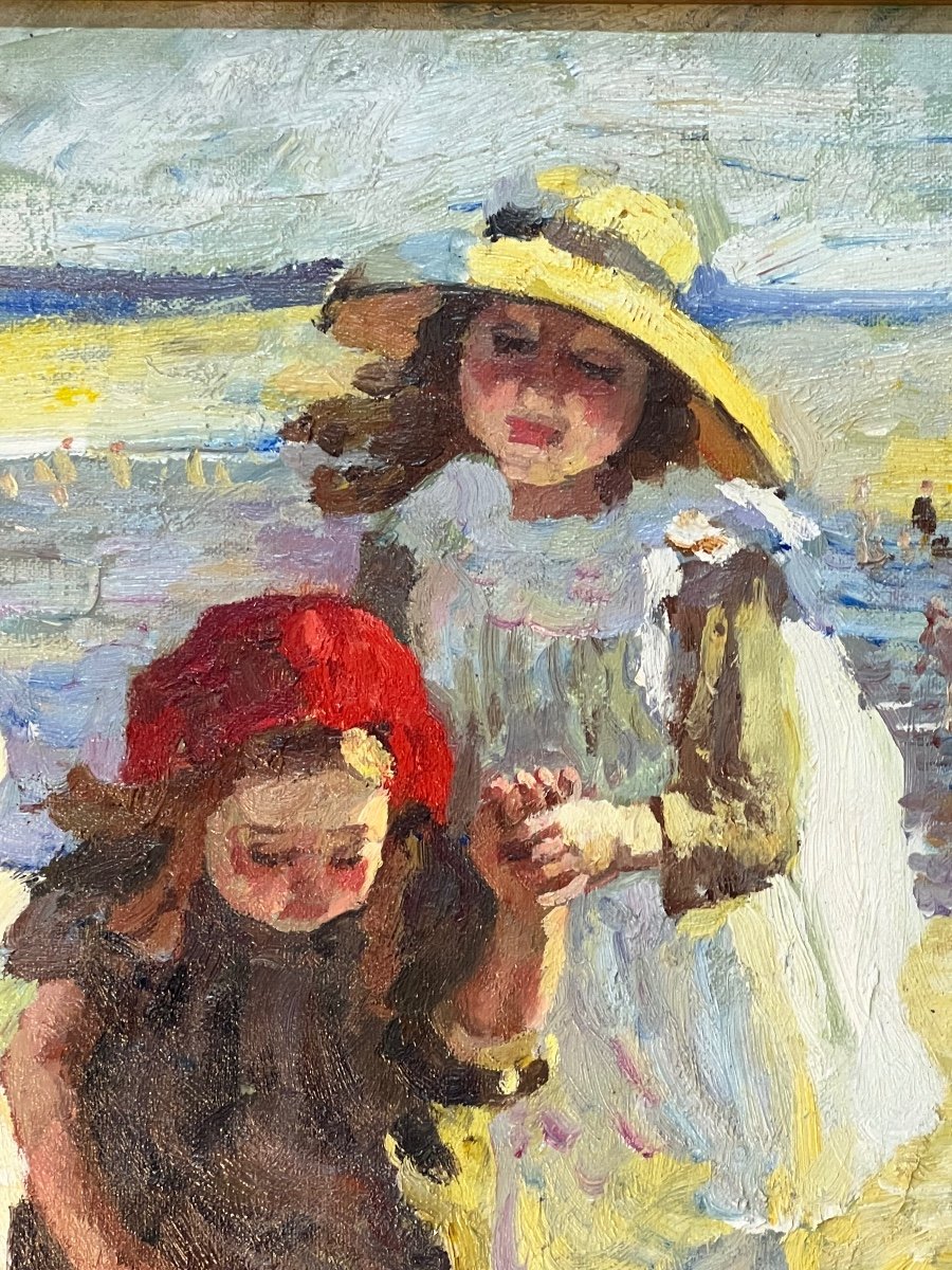 Huile Sur Toile  Dlg De Paul Michel Dupuy (1869-1949) Non Signé, Décor  Famille à La Plage-photo-1