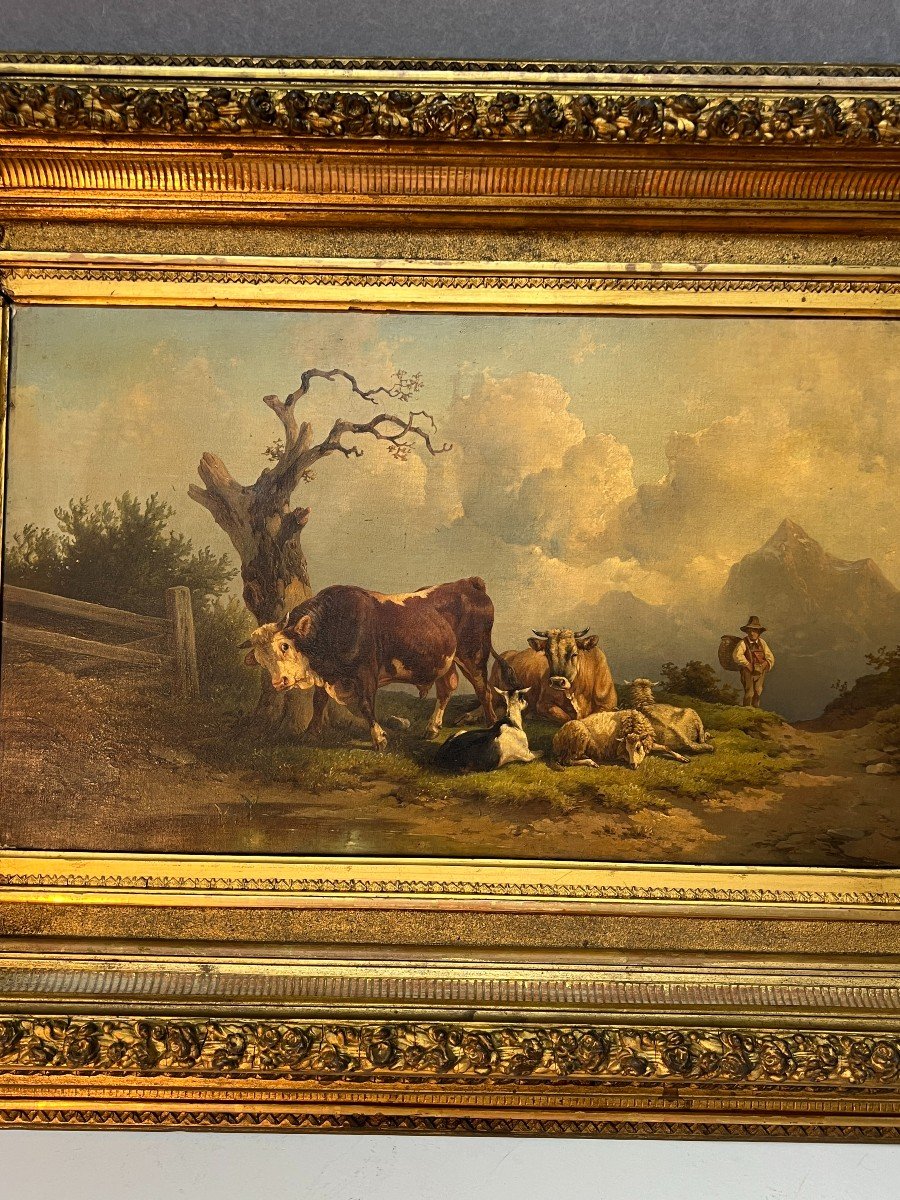 Edmund Mahlknecht (1820-1903 ) Tableau Huile Sur Toile Représentant Des Vaches Et Mouton Etc ..-photo-4