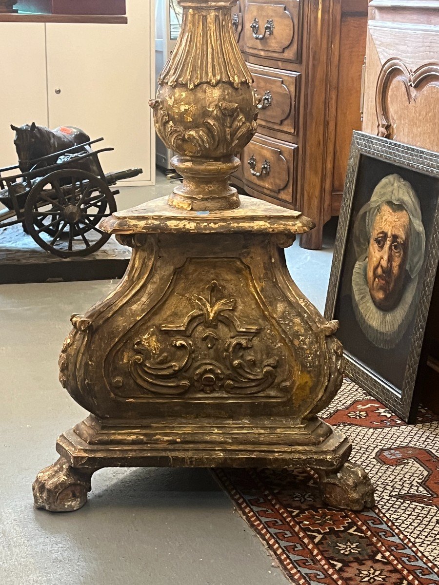 Large Antique Carved Wooden Candlestick, 17th Century Period, Claw Base, H 156 Cm-photo-1