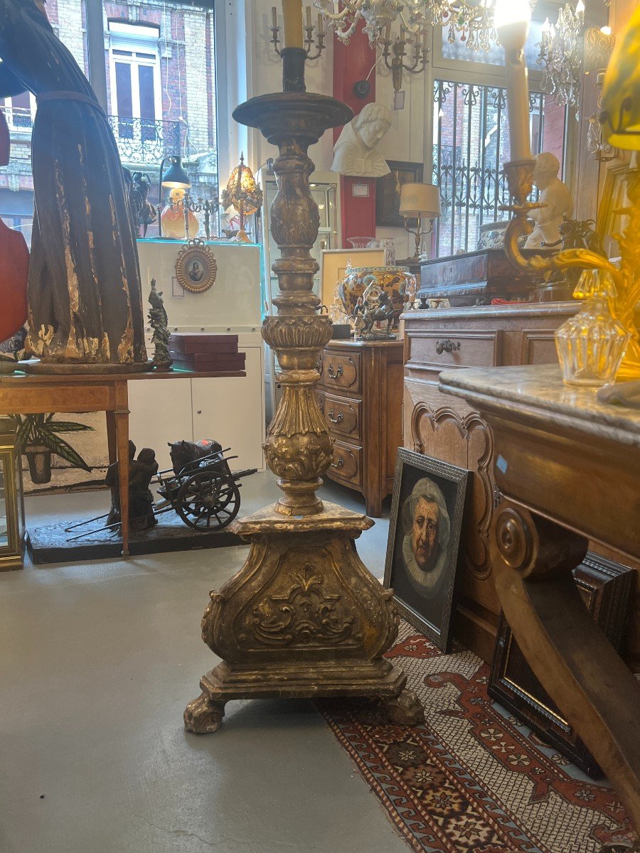 Large Antique Carved Wooden Candlestick, 17th Century Period, Claw Base, H 156 Cm-photo-2