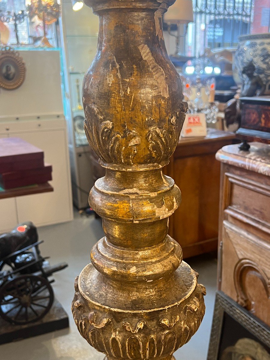 Large Antique Carved Wooden Candlestick, 17th Century Period, Claw Base, H 156 Cm-photo-4