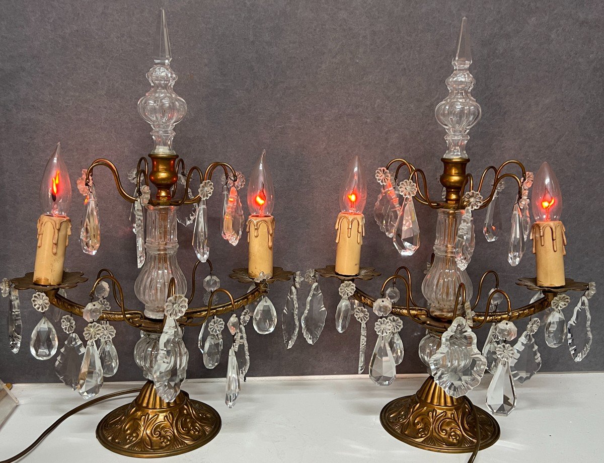 Pair Of Antique Girandoles, In Brass And Cut Glass Pendants, Early 20th Century-photo-8