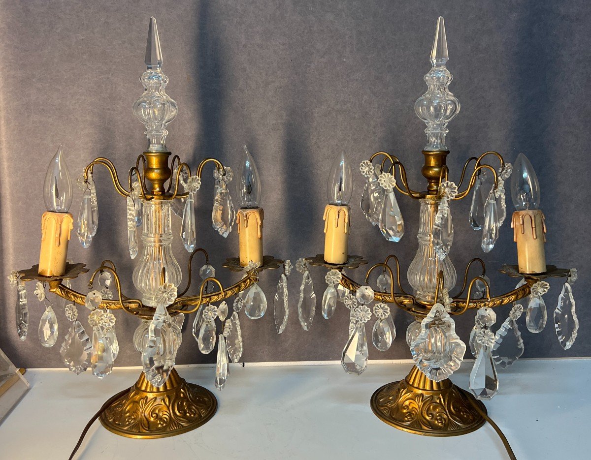 Pair Of Antique Girandoles, In Brass And Cut Glass Pendants, Early 20th Century