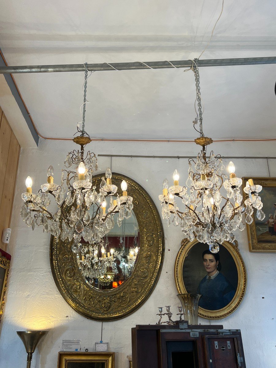 Pair Of Chandeliers With Glass Tassels And Cut Crystal Bowls, Mid-20th Century -photo-2