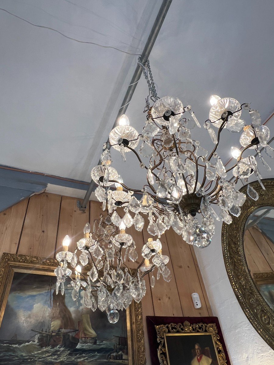 Pair Of Chandeliers With Glass Tassels And Cut Crystal Bowls, Mid-20th Century -photo-3