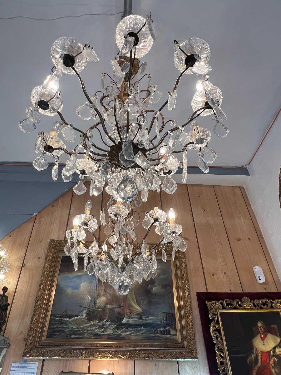 Pair Of Chandeliers With Glass Tassels And Cut Crystal Bowls, Mid-20th Century -photo-4