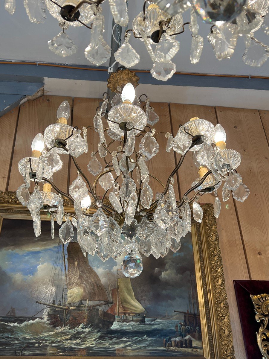 Pair Of Chandeliers With Glass Tassels And Cut Crystal Bowls, Mid-20th Century -photo-1