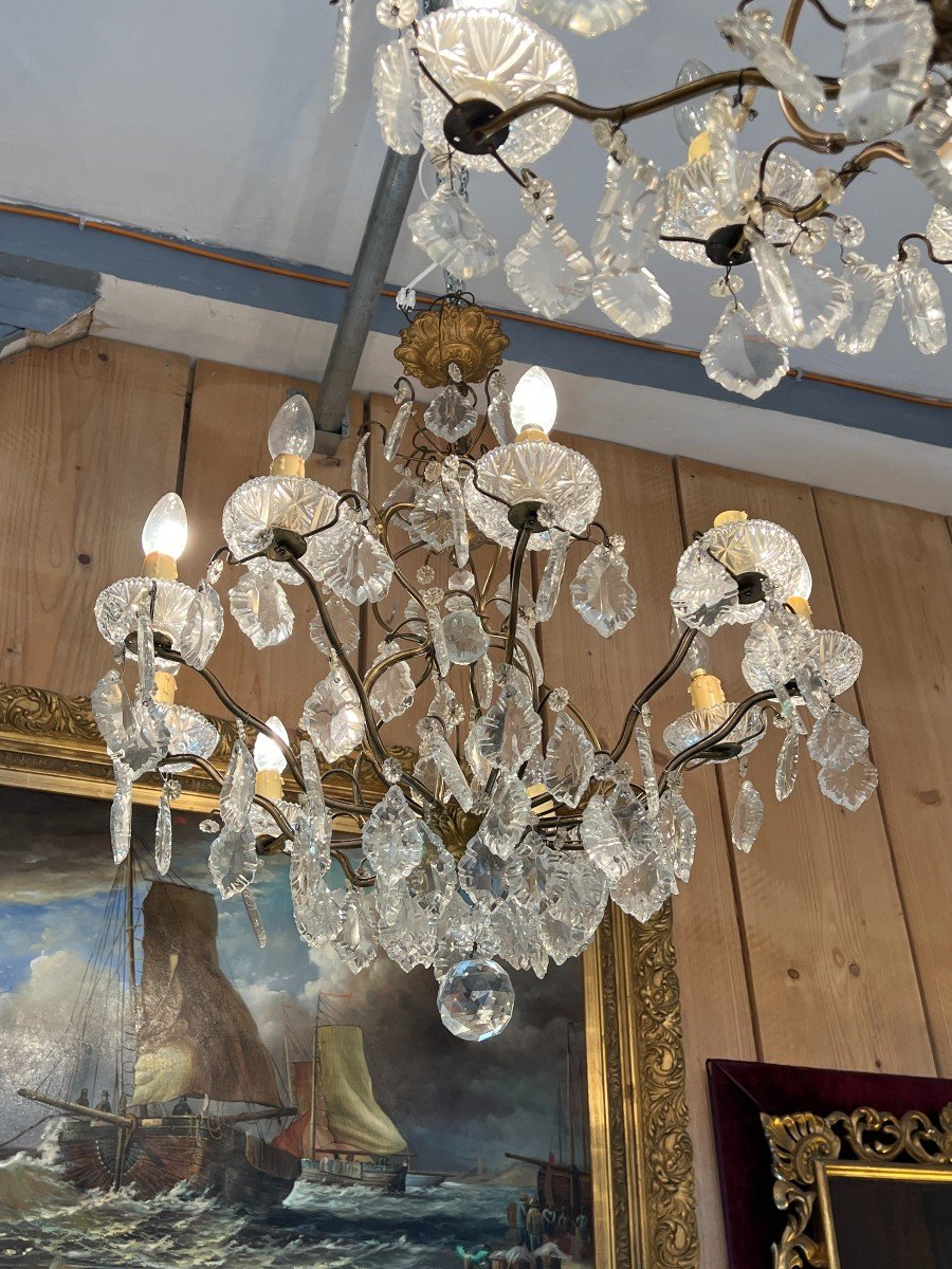 Pair Of Chandeliers With Glass Tassels And Cut Crystal Bowls, Mid-20th Century -photo-2