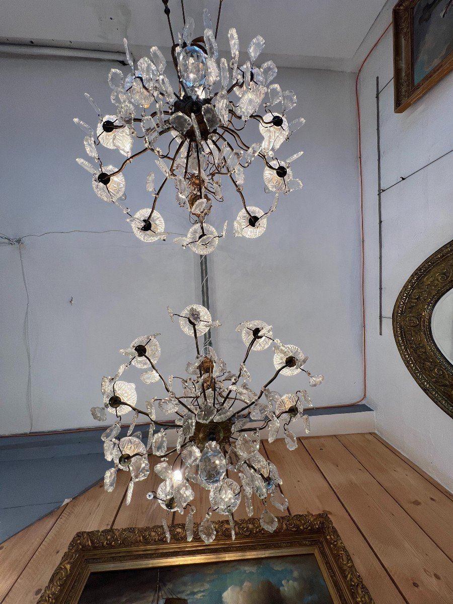 Pair Of Chandeliers With Glass Tassels And Cut Crystal Bowls, Mid-20th Century -photo-3