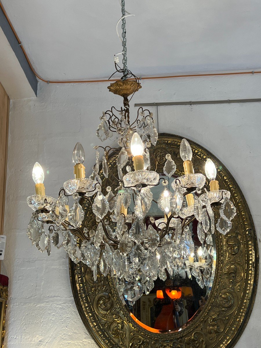 Pair Of Chandeliers With Glass Tassels And Cut Crystal Bowls, Mid-20th Century -photo-4