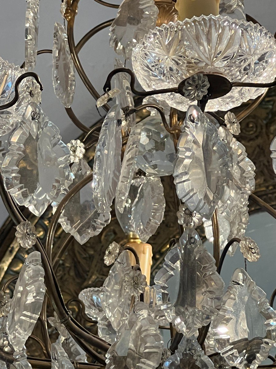 Pair Of Chandeliers With Glass Tassels And Cut Crystal Bowls, Mid-20th Century -photo-6