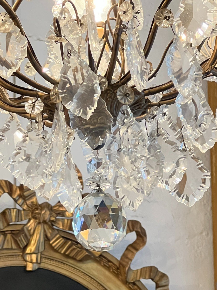 Pair Of Chandeliers With Glass Tassels And Cut Crystal Bowls, Mid-20th Century -photo-7