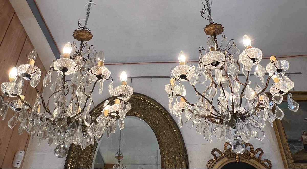 Pair Of Chandeliers With Glass Tassels And Cut Crystal Bowls, Mid-20th Century 