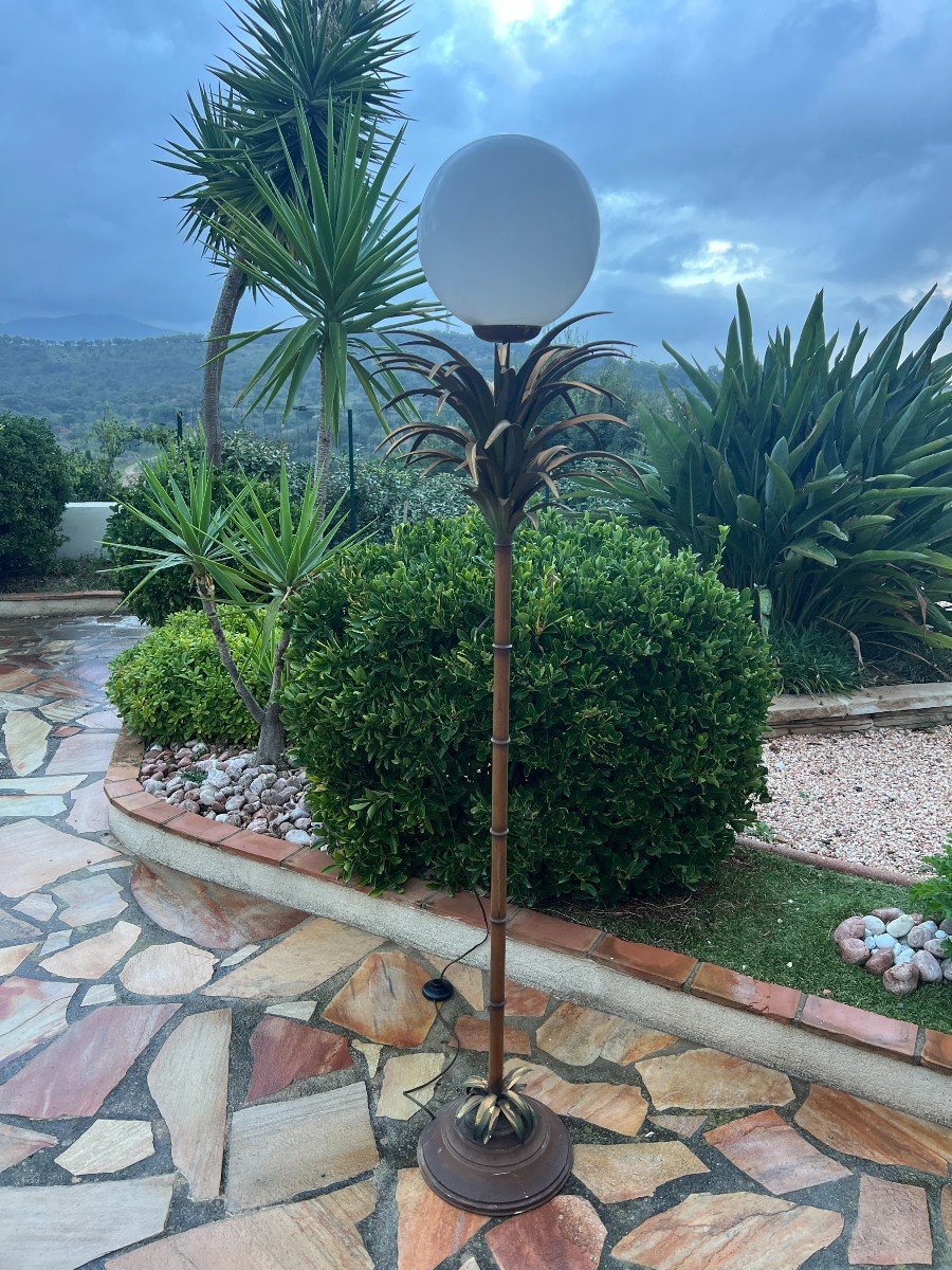 Floor Lamp With Palm Tree Decor Circa 1970 In Painted Sheet Metal Imitation Bamboo Shaft-photo-2