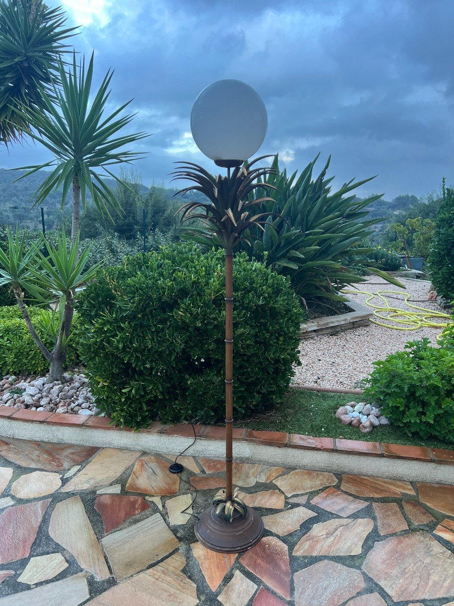 Floor Lamp With Palm Tree Decor Circa 1970 In Painted Sheet Metal Imitation Bamboo Shaft-photo-3