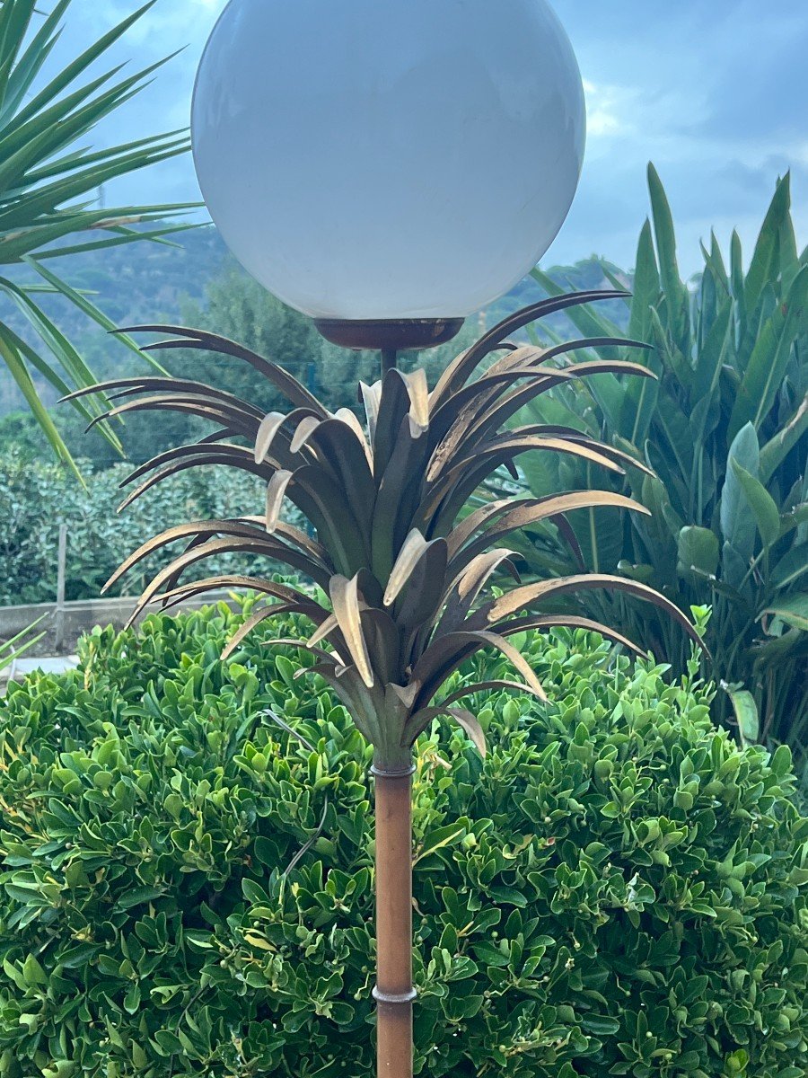 Floor Lamp With Palm Tree Decor Circa 1970 In Painted Sheet Metal Imitation Bamboo Shaft-photo-1