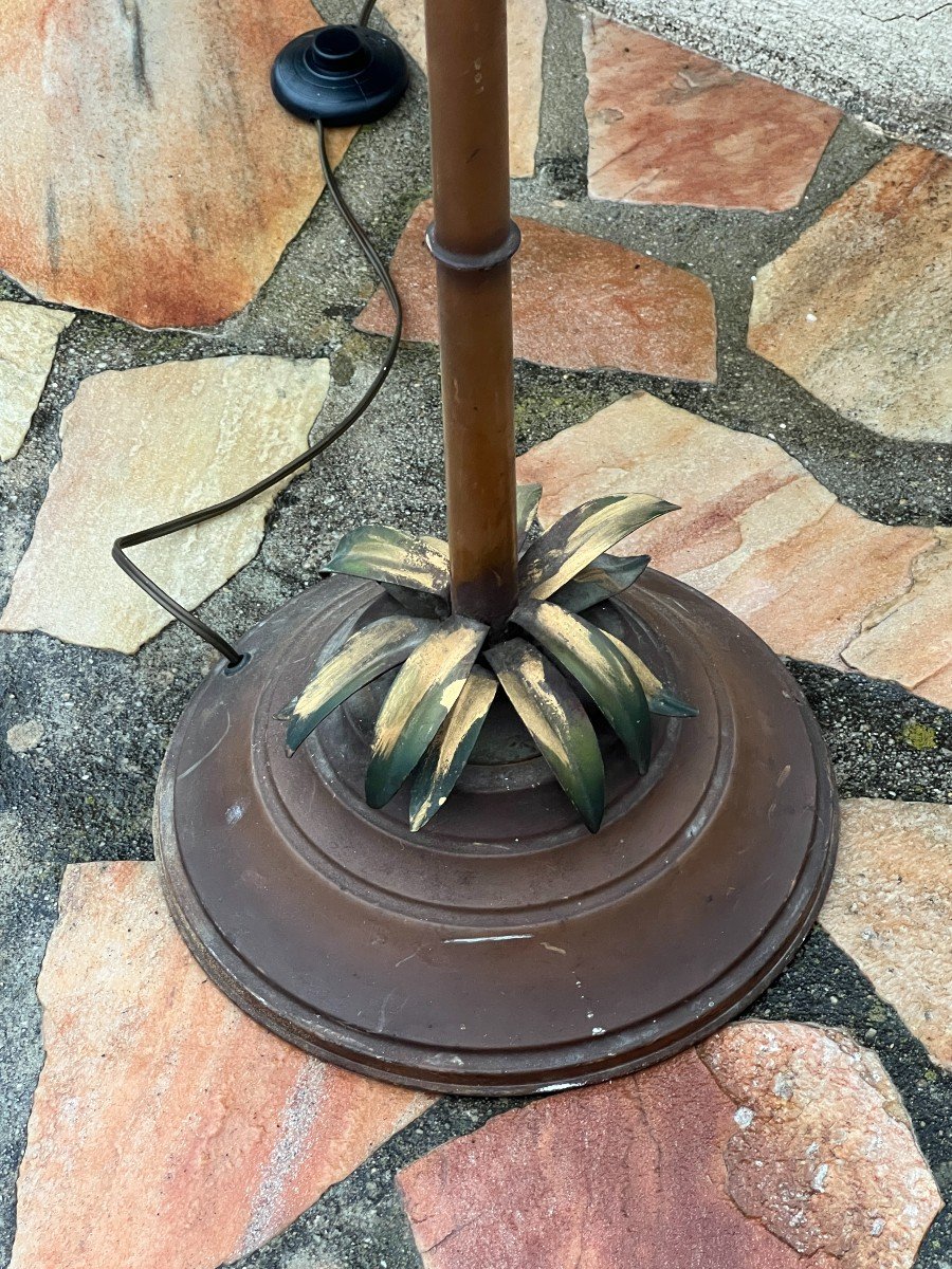 Floor Lamp With Palm Tree Decor Circa 1970 In Painted Sheet Metal Imitation Bamboo Shaft-photo-3