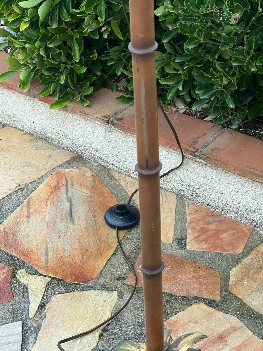 Floor Lamp With Palm Tree Decor Circa 1970 In Painted Sheet Metal Imitation Bamboo Shaft-photo-4