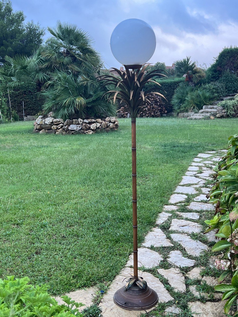 Floor Lamp With Palm Tree Decor Circa 1970 In Painted Sheet Metal Imitation Bamboo Shaft-photo-5