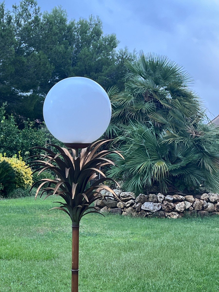 Floor Lamp With Palm Tree Decor Circa 1970 In Painted Sheet Metal Imitation Bamboo Shaft-photo-6