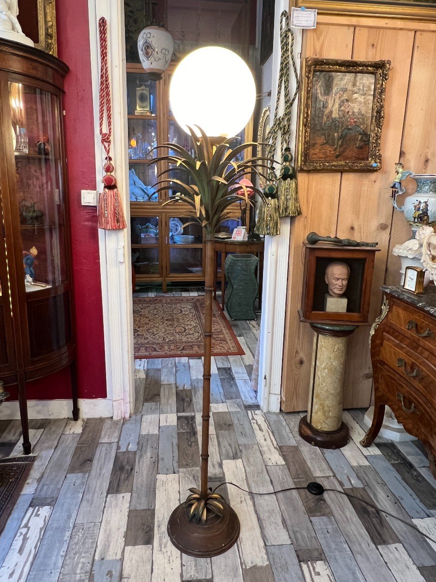 Floor Lamp With Palm Tree Decor Circa 1970 In Painted Sheet Metal Imitation Bamboo Shaft-photo-8