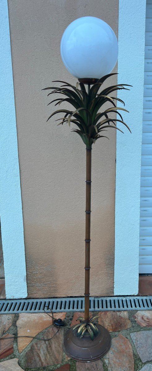 Floor Lamp With Palm Tree Decor Circa 1970 In Painted Sheet Metal Imitation Bamboo Shaft