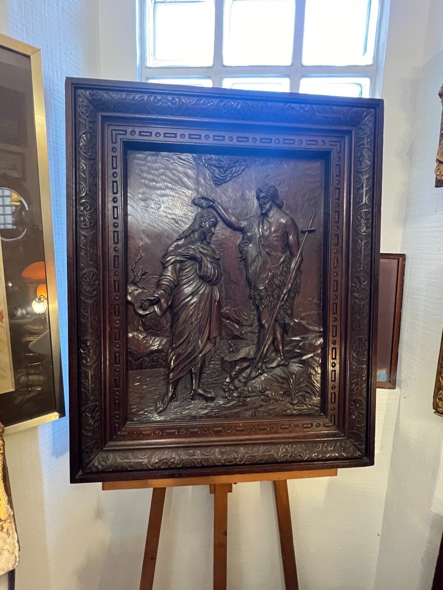 Large Carved Wooden Bas-relief, 17th Century, The Baptism Of Christ By Jean-baptiste-photo-2