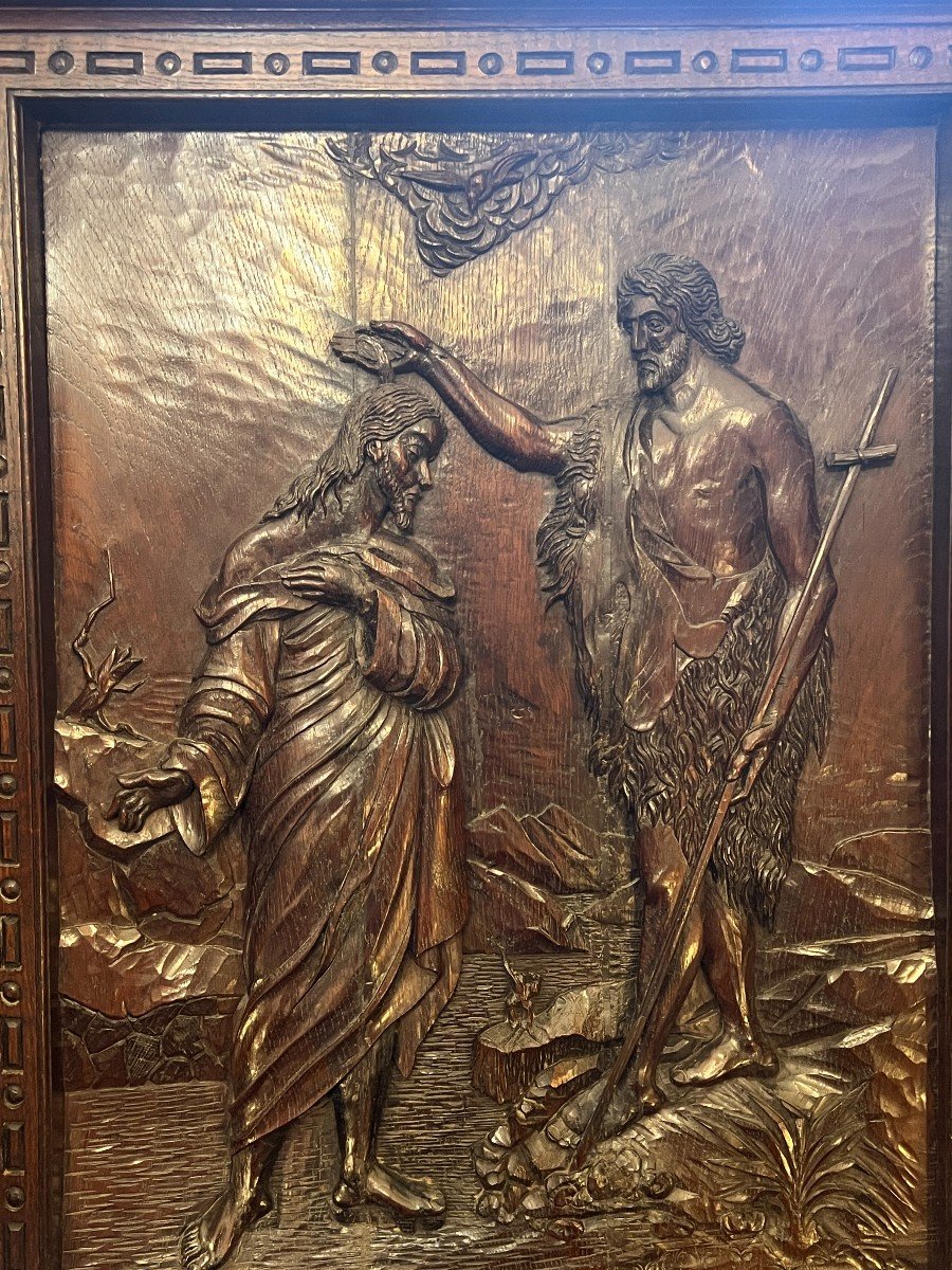 Grand Bas-relief En Bois Sculpté, époque 17e, Le Baptême Du Christ Par Jean-baptiste-photo-4