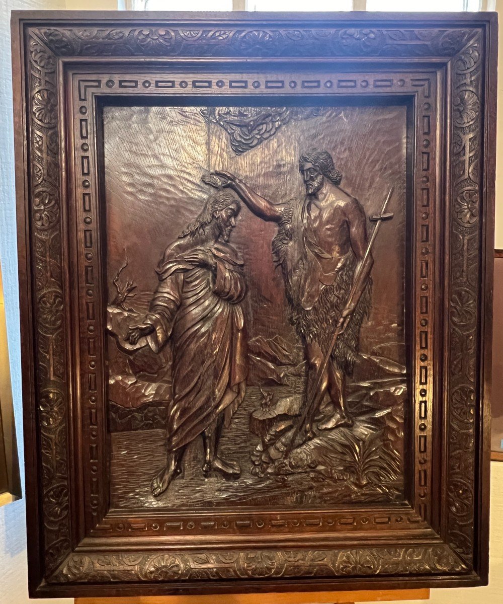 Large Carved Wooden Bas-relief, 17th Century, The Baptism Of Christ By Jean-baptiste