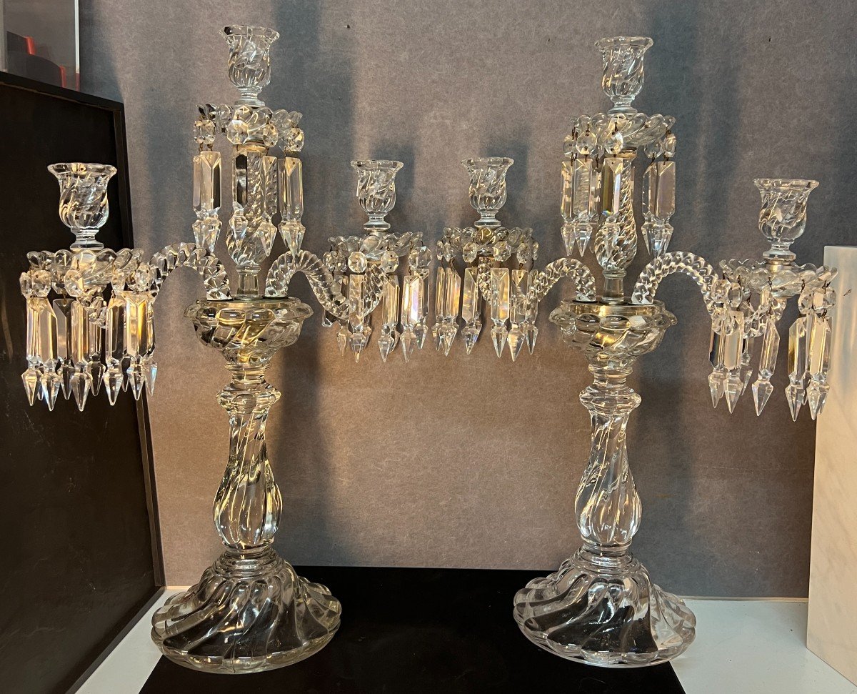 Importante Paire De Candélabres Chandeliers En Cristal De Baccarat 56 Cm