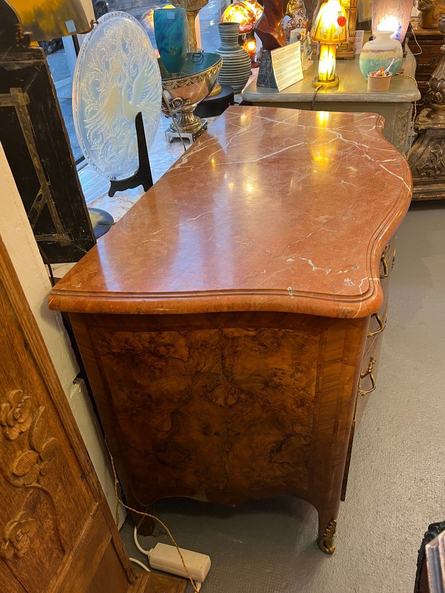 Belle Commode Galbée A 3 Faces, Régence 18e Siècle, En Placage De Ronce, Dessus Marbre-photo-2