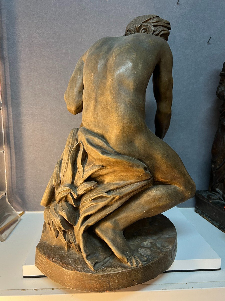 Large Patinated Terracotta Sculpture – “the River”, After Jean-jacques Caffieri-photo-4