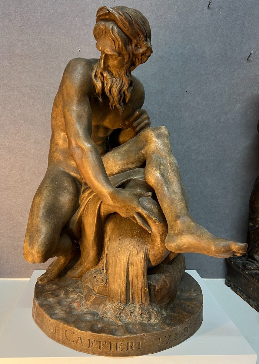 Large Patinated Terracotta Sculpture – “the River”, After Jean-jacques Caffieri