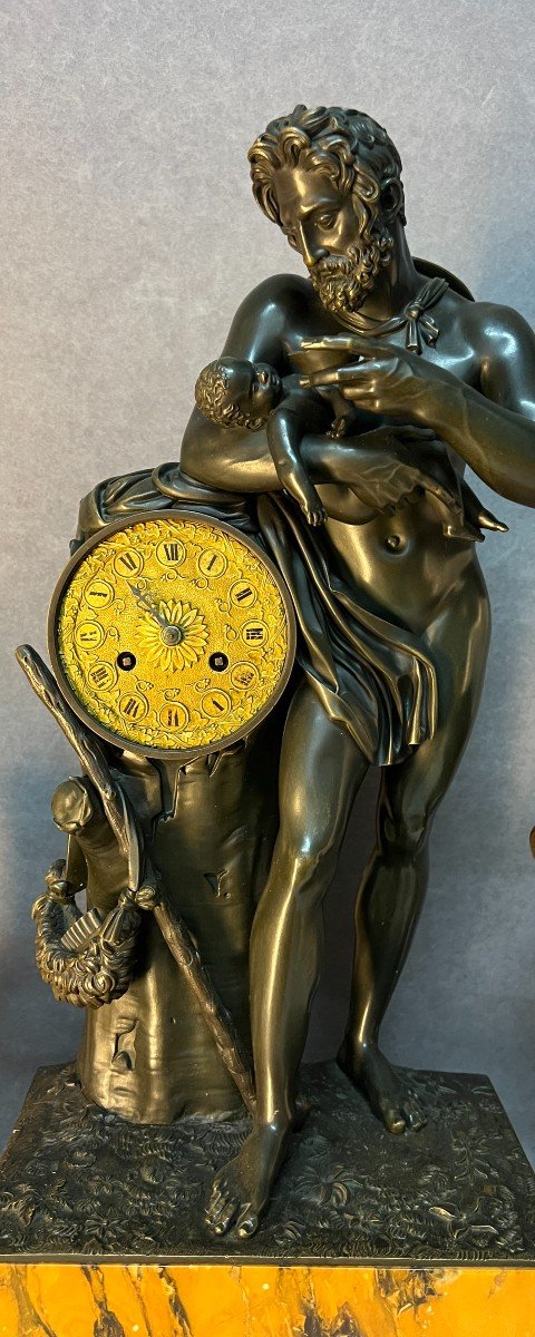 Important Bronze And Marble Mantel Clock, Silenus Feeding The Young Bacchus-photo-2