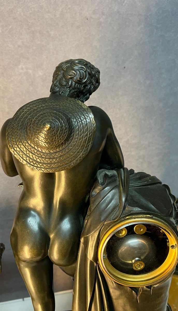 Important Bronze And Marble Mantel Clock, Silenus Feeding The Young Bacchus-photo-6