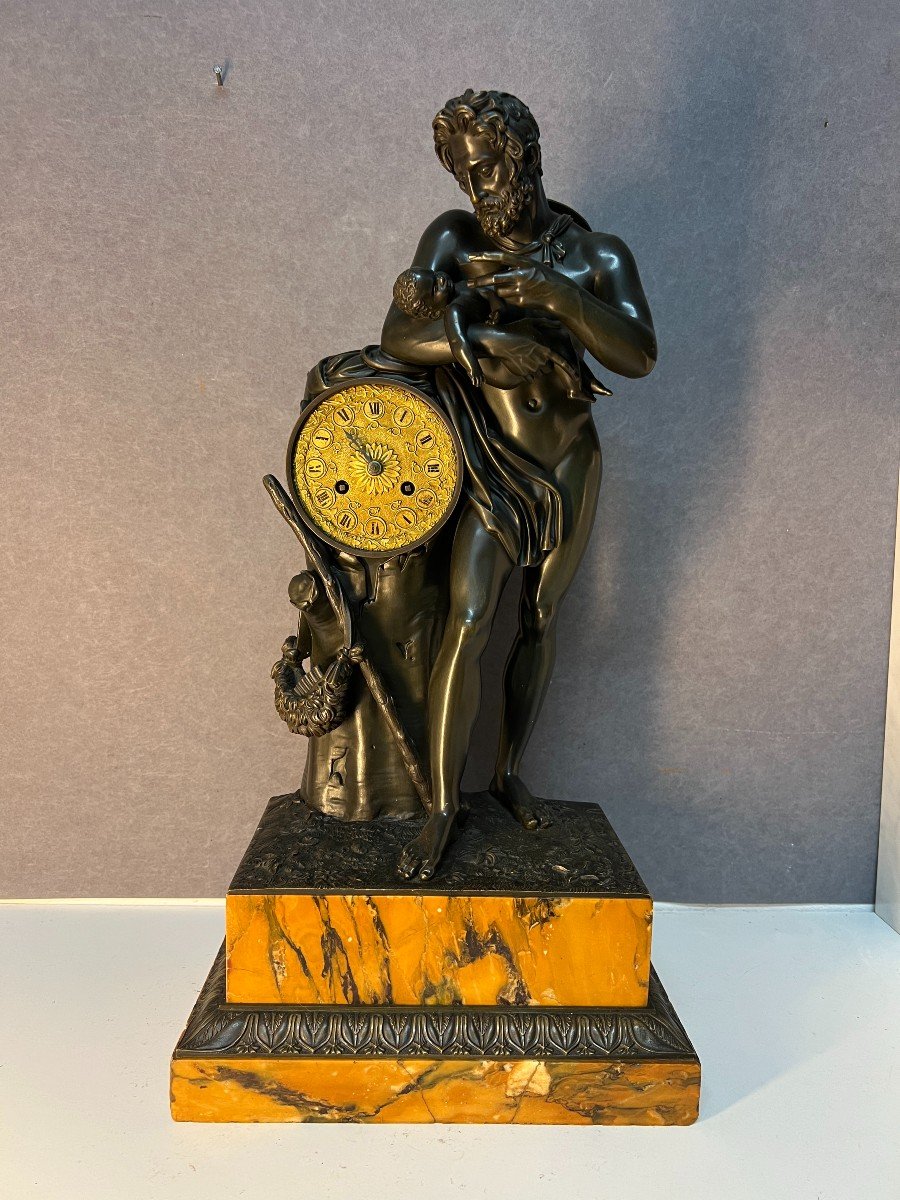 Important Bronze And Marble Mantel Clock, Silenus Feeding The Young Bacchus