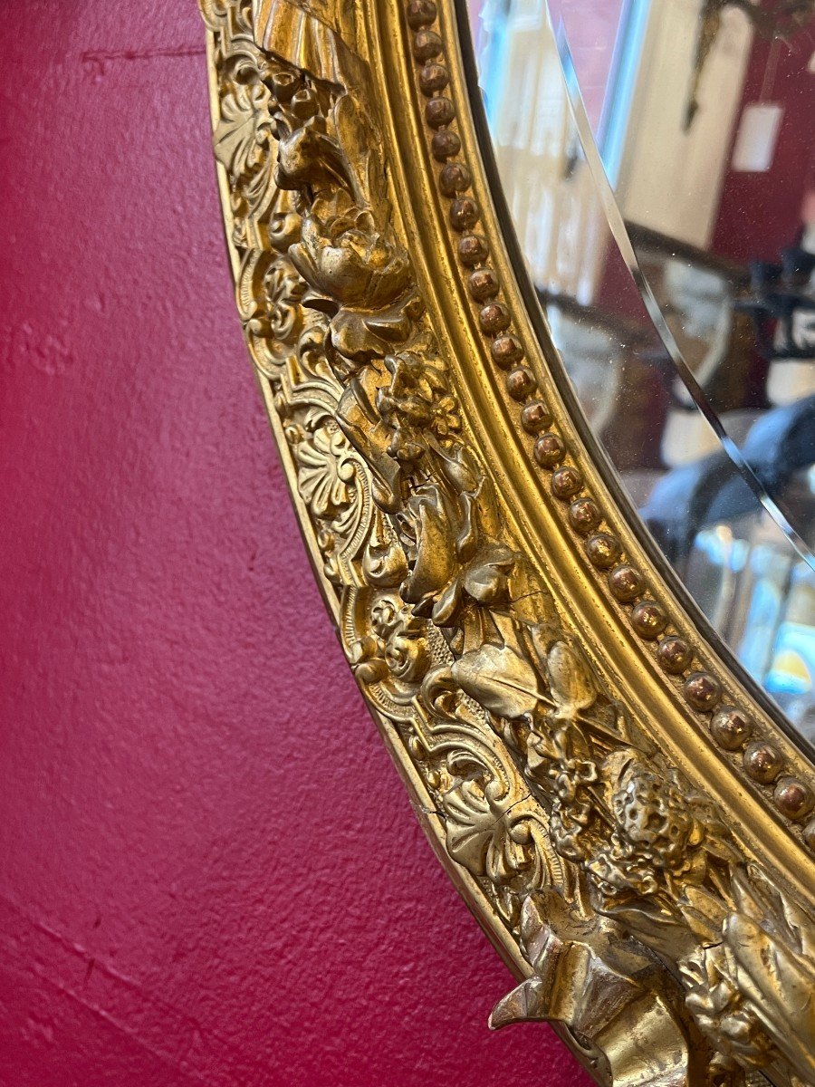 19th Century Oval Mirror, Wood And Stucco Gilded With Gold Leaf-photo-3