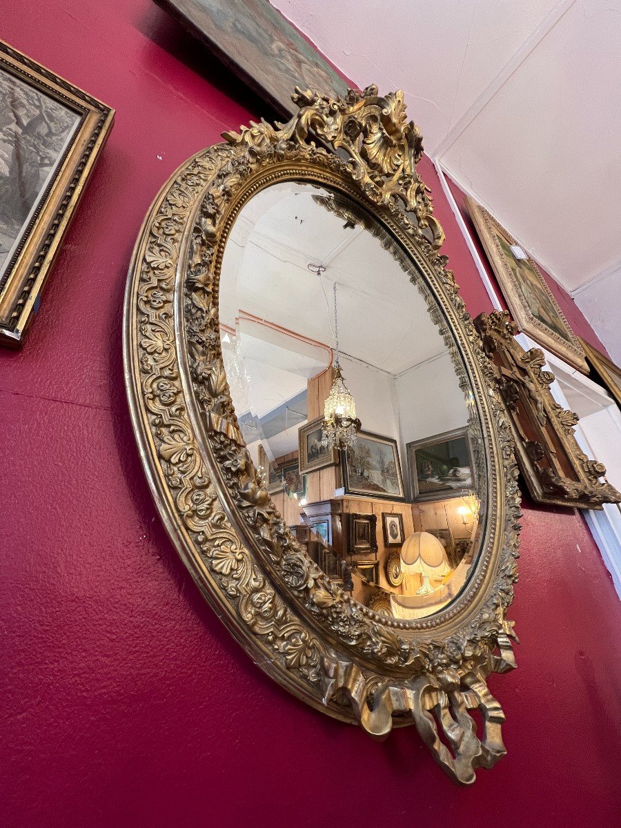 19th Century Oval Mirror, Wood And Stucco Gilded With Gold Leaf-photo-6