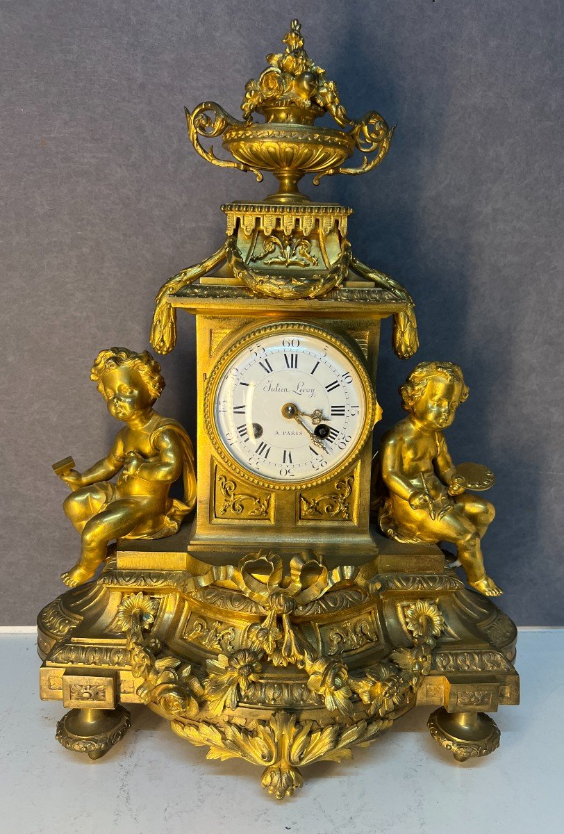 Julien Leroy Paris, 19th Century Gilt Bronze Clock, Circa 1880, Louis XVI Style