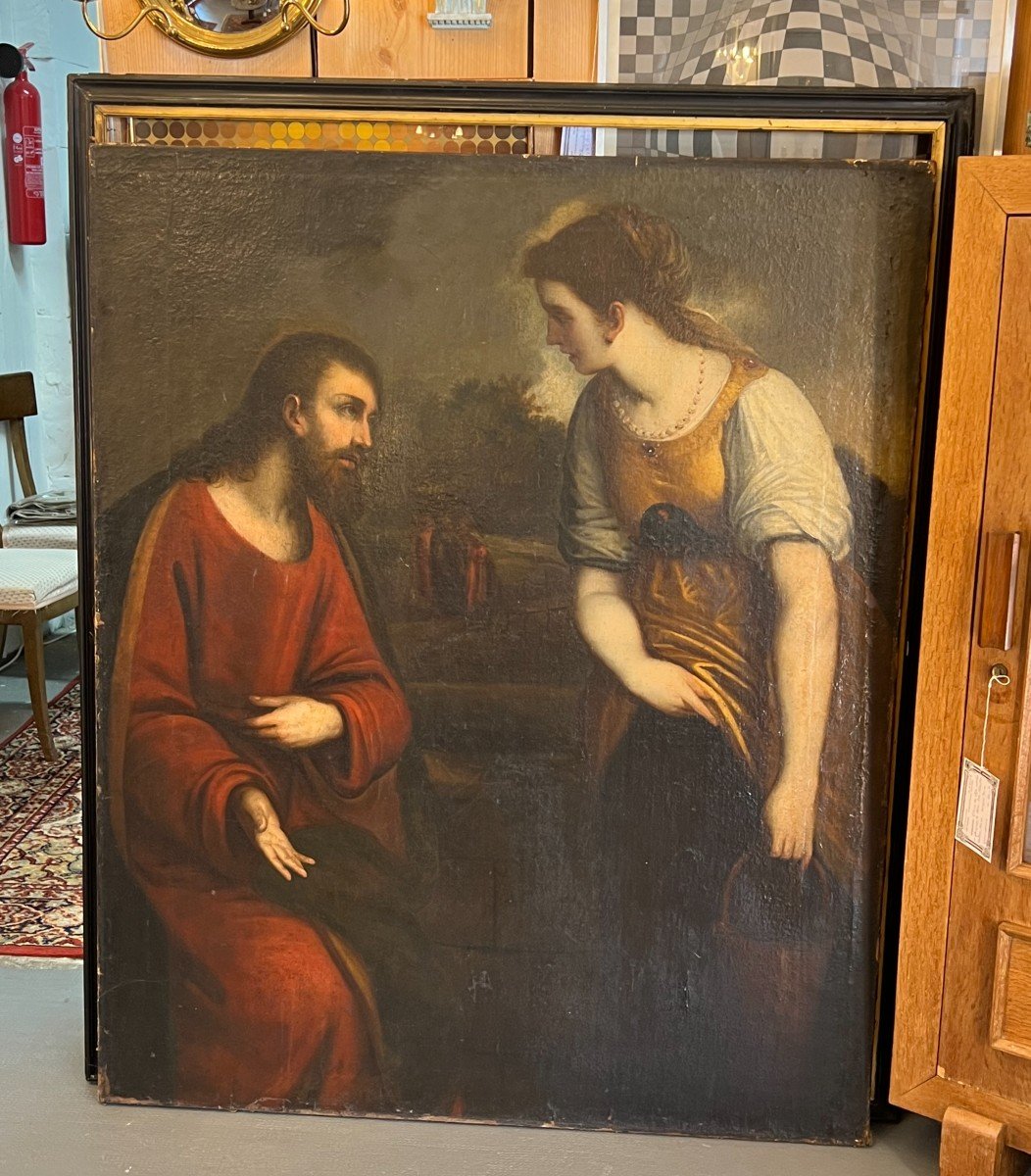 Christ And The Samaritan Woman, Large Oil Painting On Canvas From The Seventeenth Century