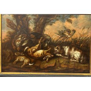 Style Frans Snyders, Tableau Huile Sur Toile Du XVIIIe, Chiens Et Gibiers