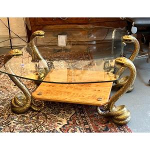 Table Basse 70's, design, 4 Pieds Cobra En Bronze Massif, Plateau Verre