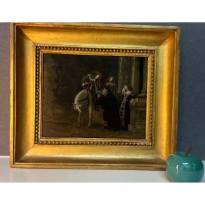 Oil Painting On Slate, Early 19th Century, Chivalrous Scene