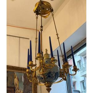 Pretty Antique Candle Chandelier, 19th Century, In Bronze And Earthenware, Napoleon III Period